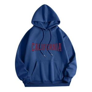 Close-up of blue hooded sweatshirt featuring red California lettering and kangaroo pocket