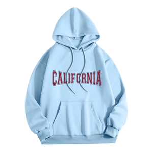 Detail view of the sky blue oversized hoodie with red California varsity letter printing
