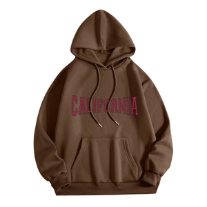 Detail of California print and kangaroo pocket on dark brown hooded sweatshirt
