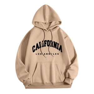 Detail of loose-fit beige hoodie featuring California letter print and kangaroo pocket
