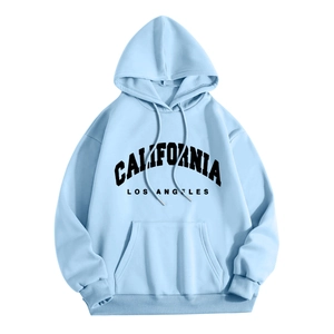 Close-up of light blue hoodie with California Los Angeles vintage letter print