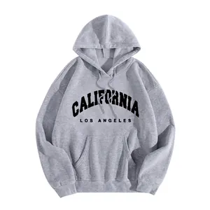 Detail view of the gray hoodie with California Los Angeles vintage letter print
