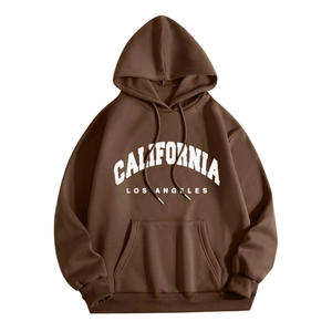 Close-up of ribbed cuffs and California Los Angeles print on chocolate brown hoodie