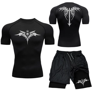 Men Sportswear Compression Outfit Quick Dry MMA Fitness Tribal Totem T-Shirt And Double Layer Shorts Workout Gym Suit