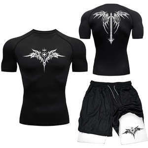 Detail of MMA compression kit showing gothic totem print on breathable gym t-shirt and shorts