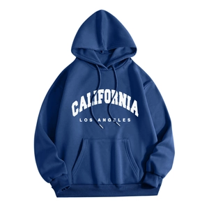 Detail of blue oversized hoodie featuring white California Los Angeles letter print