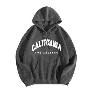 Detail of grey California hoodie with fleece lining and ribbed cuffs for winter warmth
