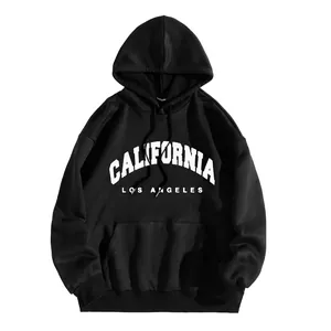 Detail of black California graphic hoodie showing hooded neck and ribbed sleeve cuffs