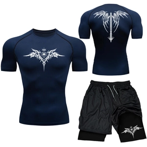 Detail of navy MMA compression shirt and shorts with white punk bone prints for training