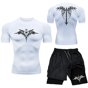 Detail of white compression T-shirt and black shorts with gothic wing print for MMA gym