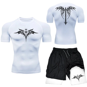 Men's MMA compression sportswear set with black tribal totem print and quick-dry fabric
