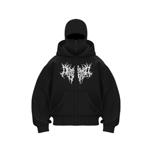 Gothic style black full zip hoodie with integrated face mask and white metal graphic print