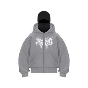 Grey gothic zip hoodie with double hood mask and thorn death metal graphic print