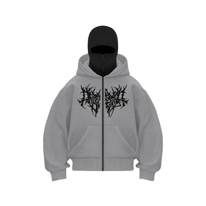 Macro view of grey hoodie featuring gothic thorn graphic and black zipper detail