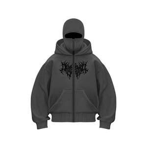 Gothic dark grey zip-up hoodie featuring a double hood design and thorn graphic print