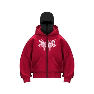Detail of red gothic hoodie with metal style print, double hood and ribbed cuffs