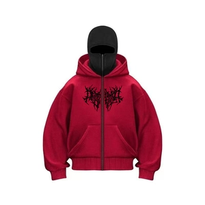 Close-up of red zip-up hoodie featuring black gothic thorn print and full-length zipper