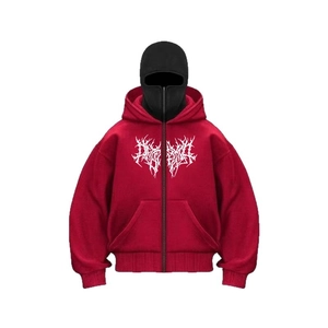 Gothic streetwear dark red full-zip hoodie with white graphic print and balaclava set