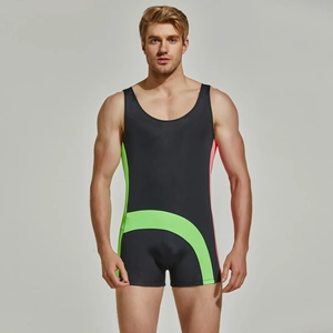 Detail shot of men's athletic bodysuit with neon green and pink contrast side panels