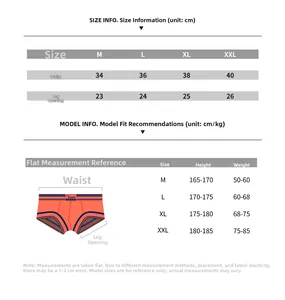 Size chart for men's modal boxer briefs with measurements for waist and leg openings