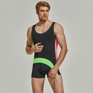 Detail of men's nylon bodysuit with fluorescent green and pink color-block stitching