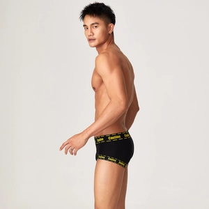 Rear view of men's black sports boxer briefs featuring yellow 'Caution' elastic waistbands