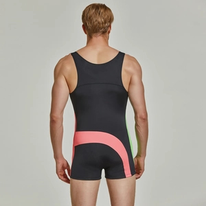 Detailed back view of men's athletic bodysuit featuring neon color block patterns