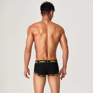 Rear view of men's black boxer briefs with yellow Caution printed elastic waistband