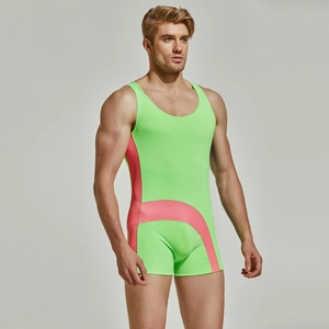 Close-up of contrast color stitching on men's neon green and pink nylon bodysuit