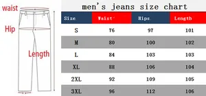 Guide des tailles pour jeans motard homme avec mesures de taille et hanches du S au 3XL
