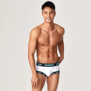 Close-up of men's white briefs with black elastic waistband featuring blue lettering