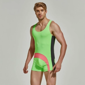 Detail of men's nylon wrestling singlet in neon green and pink contrast athletic design