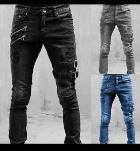 Vue détaillée du jean skinny motard avec zips décoratifs et genoux déchirés usés