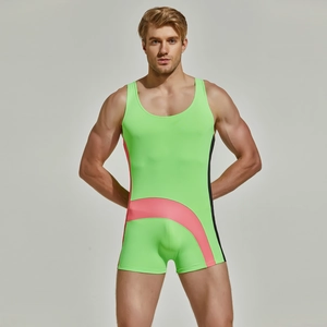Detail of high-stretch neon green nylon wrestling singlet with pink contrast stitching