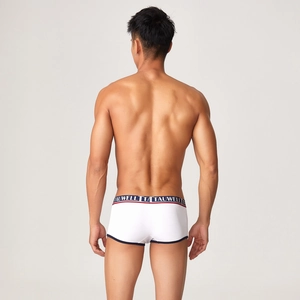 Detail of modal boxer briefs featuring a tricolor waistband and sporty blue edge binding