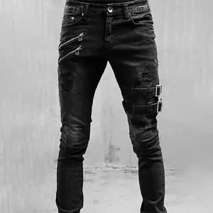 Jeans Slim Déchirés pour Hommes Style Motard Streetwear Pantalon en Denim Usé Avec Fermeture Éclair en Métal et Détails Boucle