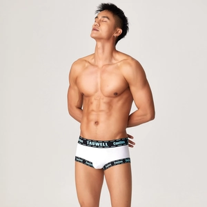 Close-up of white athletic boxer briefs with black logo waistband on male model