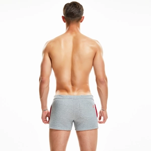 Rear view of grey men's sports shorts featuring red side stripes and a functional back pocket