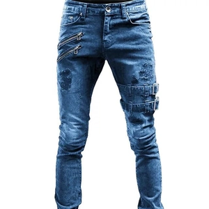 Jean biker bleu slim pour homme avec détails déchirés, fermetures éclair et boucles