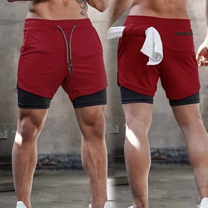 Pantaloncini running 2 in 1 rosso scuro da uomo con asola per asciugamano e tasca