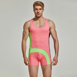 Detailed view of men's nylon sports bodysuit with pink and green color-block stripes