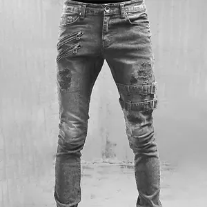 Jean moto gris slim pour homme avec fermetures éclair et genoux déchirés de style rock