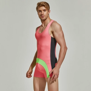 Close-up of men's athletic wrestling singlet featuring pink, black and neon green panels