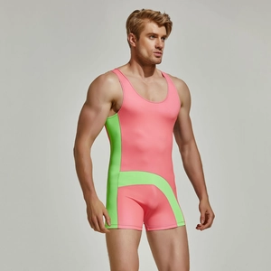Detail of men's nylon bodysuit showing neon pink and green color block stitching