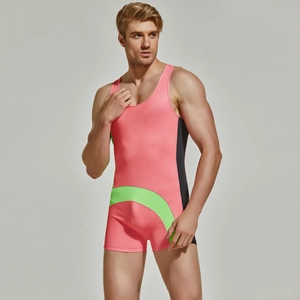 Detail of pink and black nylon wrestling singlet with neon green curved side accents