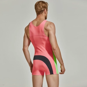 Back view detail of men's athletic bodysuit showing pink and neon green color splicing
