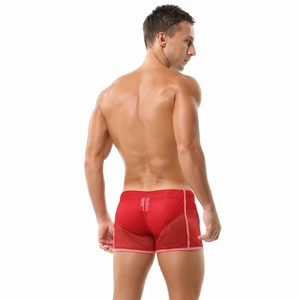 Rear view of men's red mesh boxer shorts with pink piping and side slit detail