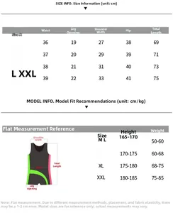 Size chart for men's nylon bodysuit with detailed measurements and model recommendations