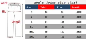 Size chart for men's slim fit jeans showing waist, hips, and length in centimeters