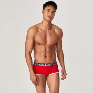 Close-up of Modal boxer briefs in bright red with white binding and navy branded waistband